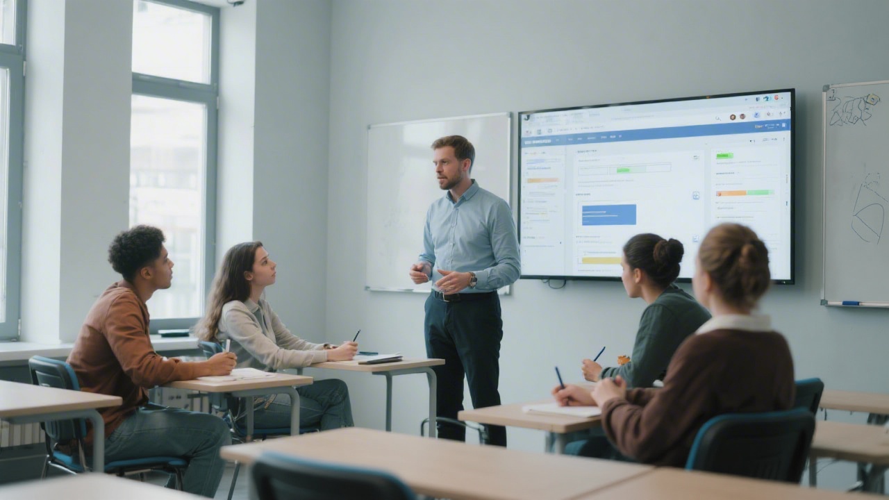 Instructor guiding a small group in a modern classroom with large screens showing web layouts, students taking notes, soft lighting, and a calm focused learning atmosphere.