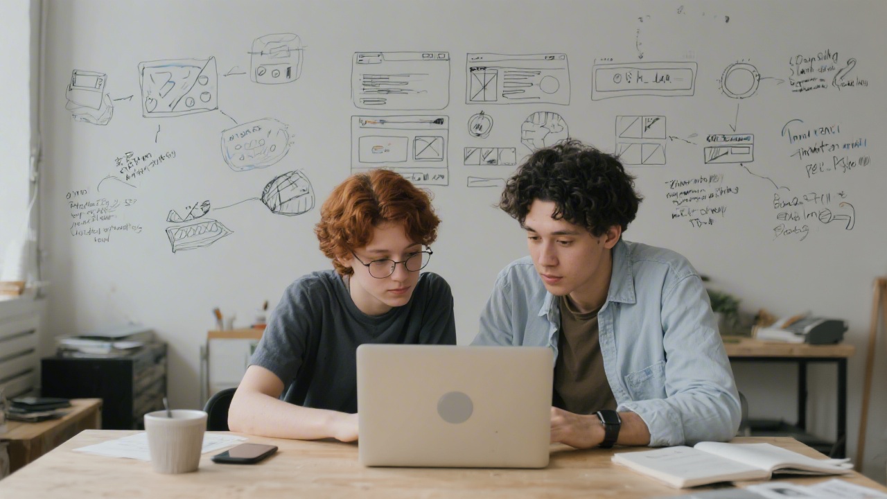 Two learners working on a laptop with interface components displayed, sketch notes around them, highlighting collaborative project development and peer review in a studio environment.