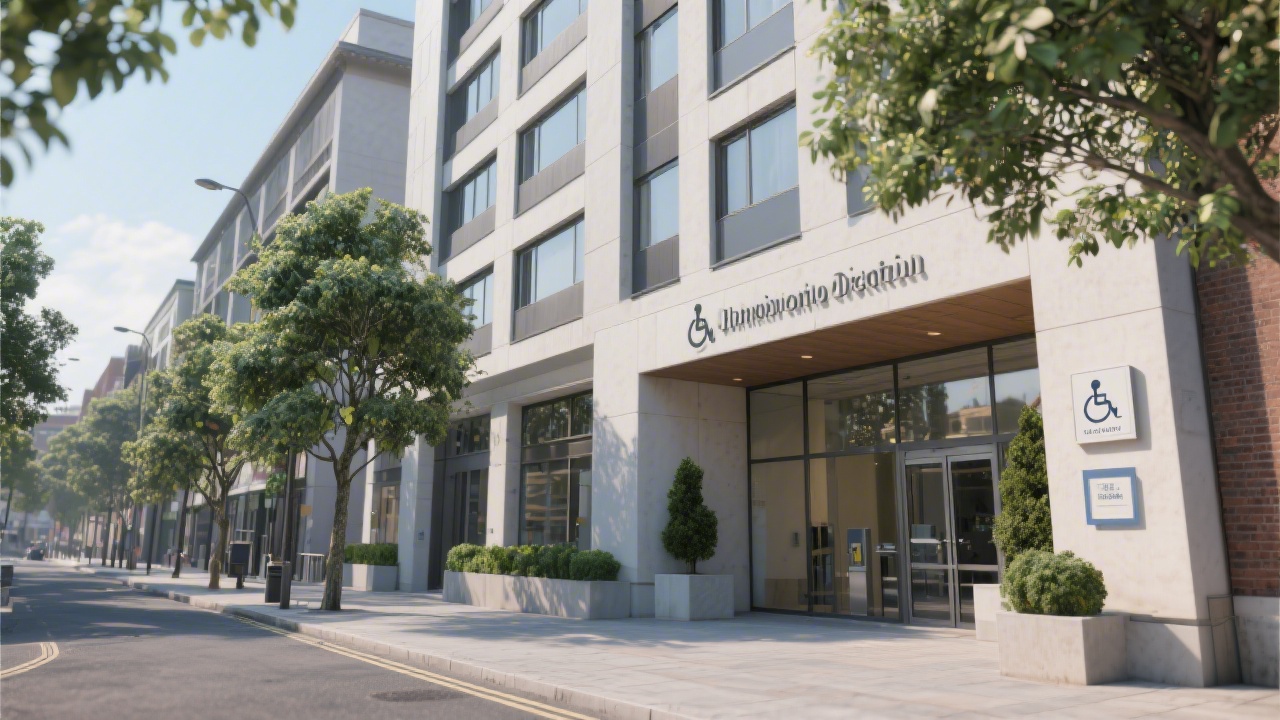 Exterior view of a modern Dublin building with a calm street scene, leafy trees, and a clean entrance sign, suggesting an accessible urban learning location.