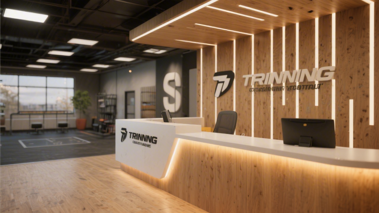 Reception area of a modern training studio with a clean desk, warm lighting, and subtle branding elements, conveying a welcoming contact point for visitors.