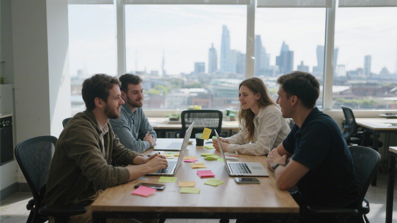 Small startup team in Dublin coworking space collaborating around a table with laptops and sticky notes, city skyline visible through the window, indicating entrepreneurial context and growth.