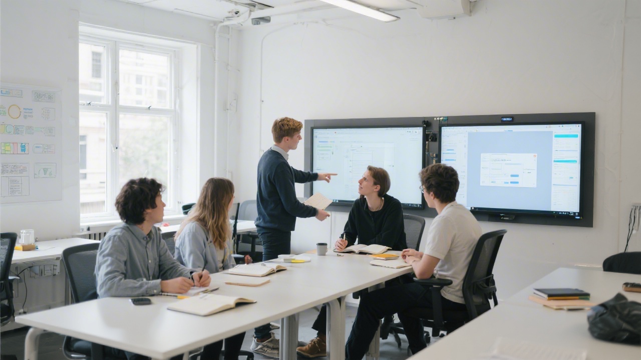 Bright Dublin studio with design students reviewing interface prototypes on large screens, notebooks open, natural light, modern desks and minimalist decor emphasizing a professional learning environment.