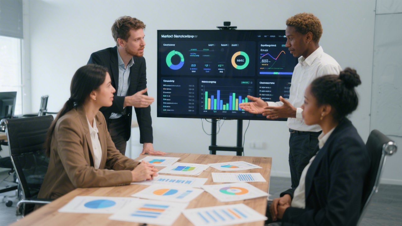 Marketing team reviewing campaign performance on a large dashboard screen, printed charts on a table, diverse colleagues discussing reach, conversions, and creative variations in a calm office setting.