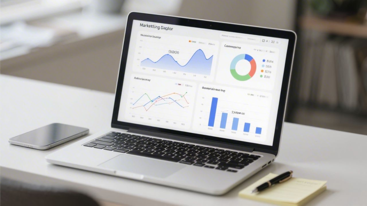 Marketing dashboard on a laptop showing charts and campaign performance indicators, with notes and a pen beside it, emphasizing analytical review of advertising results.
