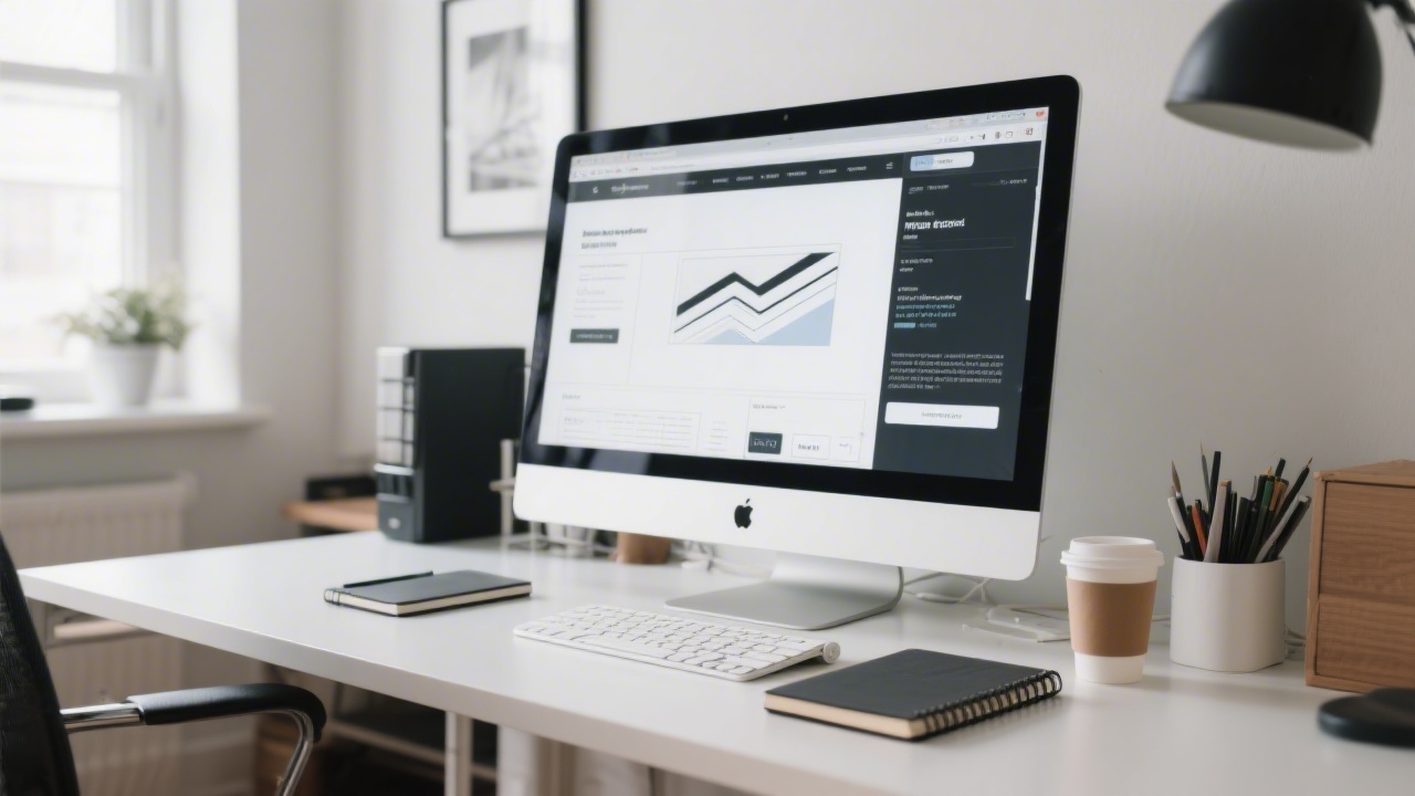 Professional workspace with a large monitor displaying a website layout, notebooks and a coffee cup on a tidy desk, conveying a modern design and marketing studio setting.
