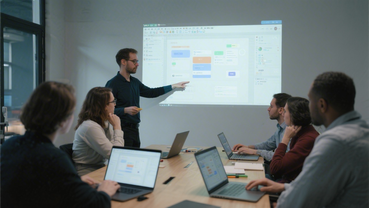 Participants seated around a table with laptops running design software, instructor pointing at a projection screen with interface components, indicating a structured hands-on workshop.
