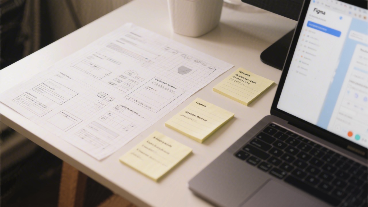 Close view of wireframes and UI components on a desk next to a laptop showing a Figma layout, with grid notes and labeled sections for navigation, forms, and content modules.