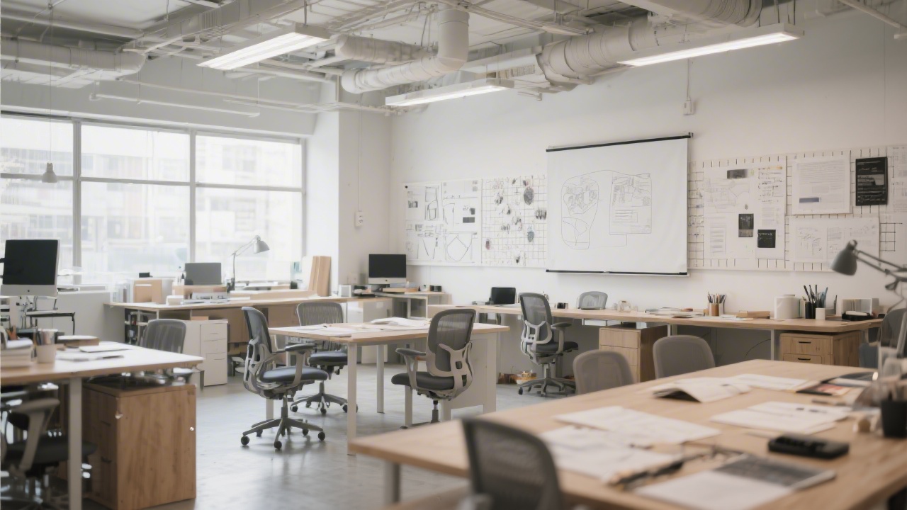 Wide-angle view of a workshop space with desks, chairs, and a presentation wall, showing a clean and organized environment suitable for design critique and collaborative study.